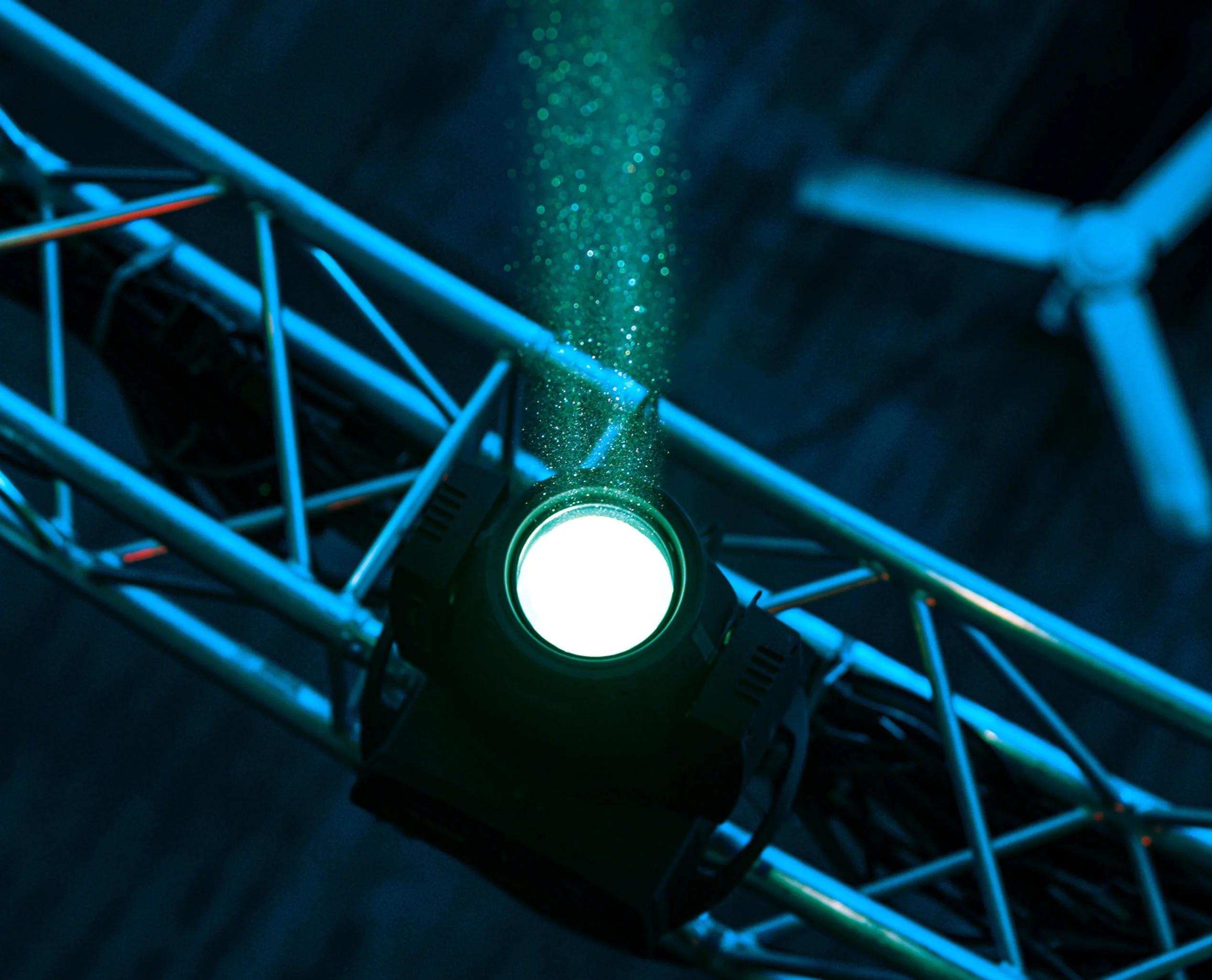 Blue stage rigging and spotlight detail - MJ Consulting Engineers